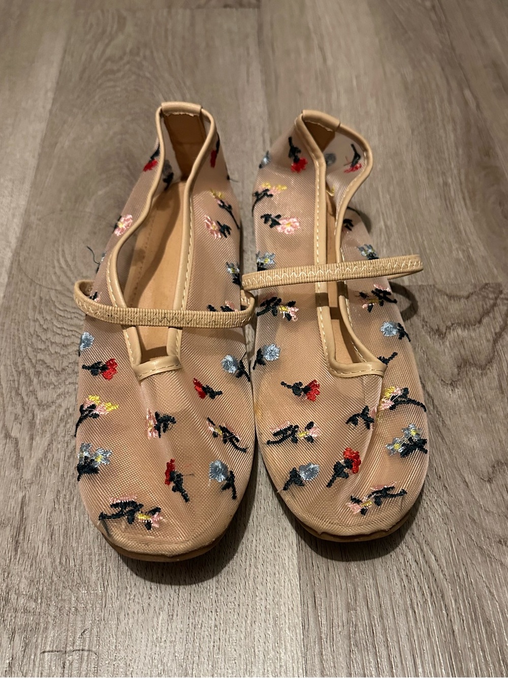 Neutral Beige Floral Embroidered Mary Jane Flats
